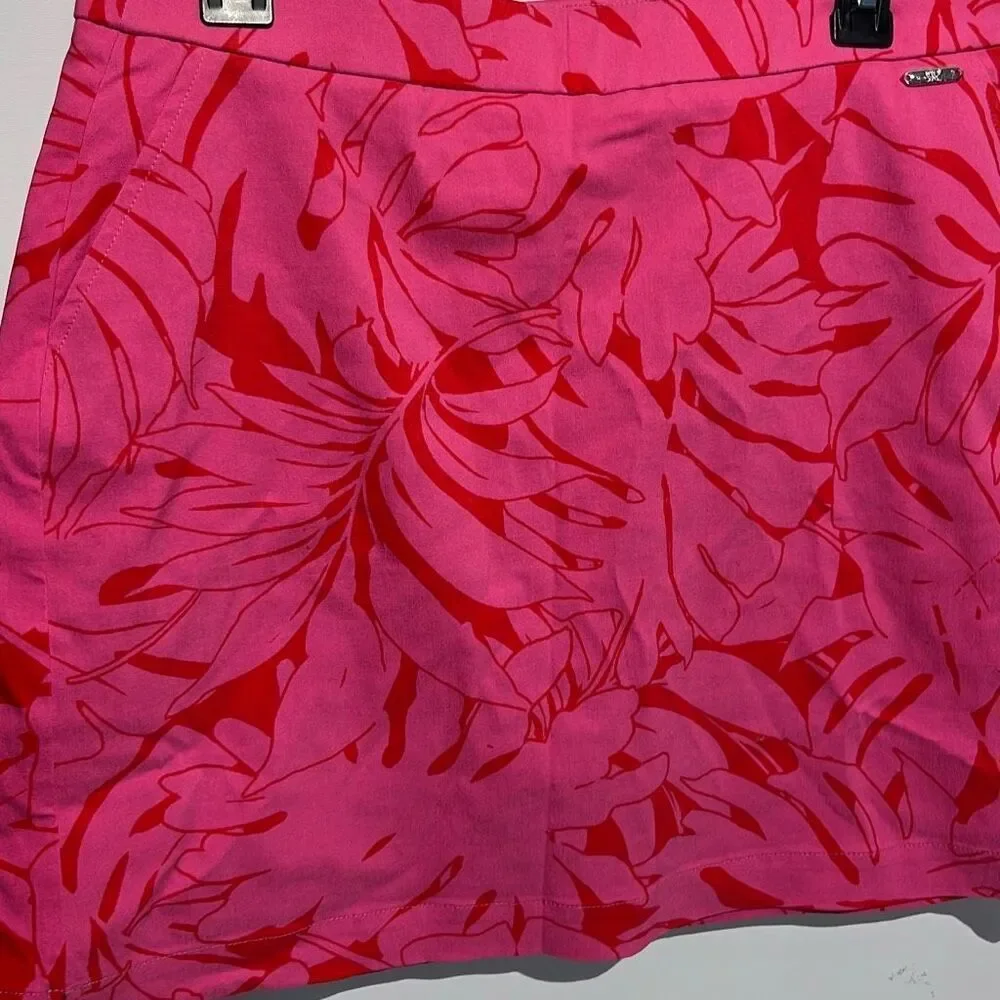 Rafaella Women's Pink Leaf Print Elastic Waist Built-In Shorts Mini Skort Medium
